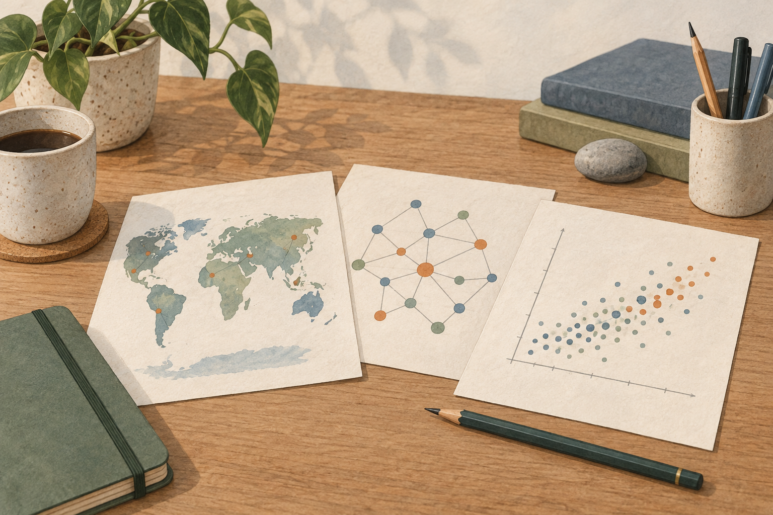 Illustration of maps, networks, and data visualizations on a desk.